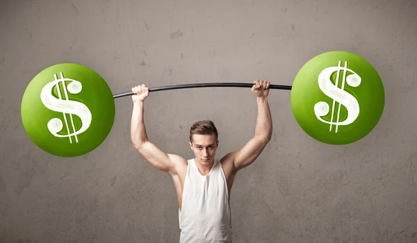 Uomo muscolare sollevamento pesi segno dollaro verde — Foto Stock