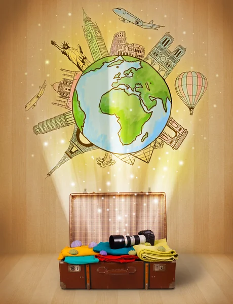 Luggage with travel around the world illustration concept — Stock Photo, Image