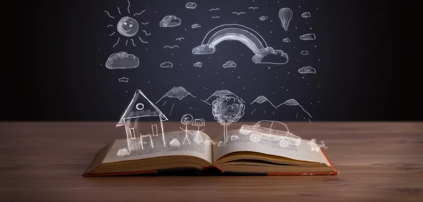 Open book with hand drawn landscape — Stock Photo, Image