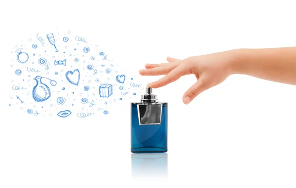 Sketches coming out from beautiful perfume bottle — Stock Photo, Image