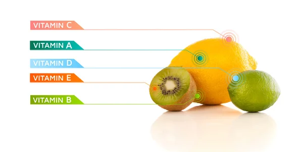 Fruits sains avec des symboles et des icônes vitaminés colorés — Photo