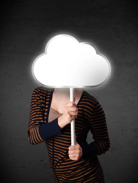 Young woman holding a cloud — Stock Photo, Image