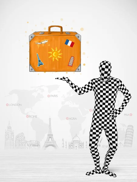 Man in full body suit presenting vacation suitcase — Stock Photo, Image