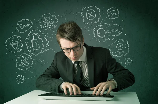 Young nerd hacker with virus and hacking thoughts — Stock Photo, Image