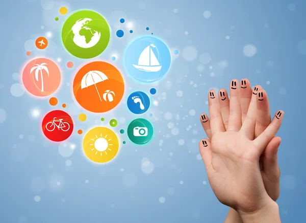Cheerful finger smileys with colorful holiday travel bubble icon — Stock Photo, Image
