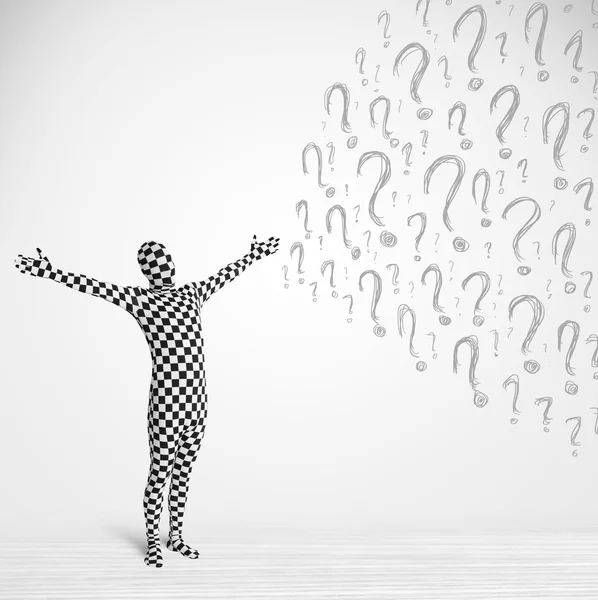 3d human character is body suit looking at hand drawn question m — Stock Photo, Image