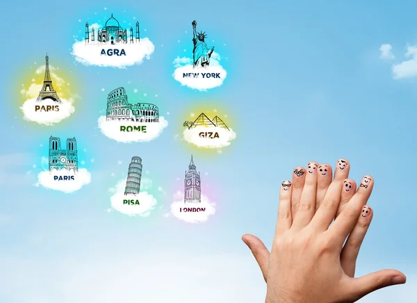 Cheerful finger smileys with sightseeing landmarks icons — Stock Photo, Image