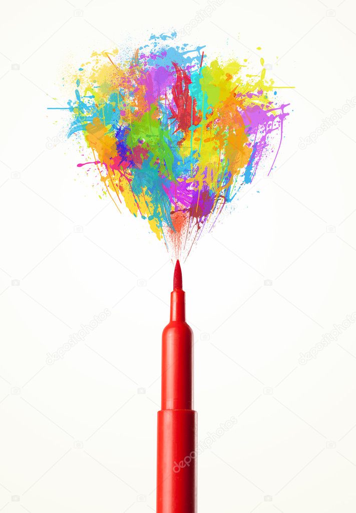 Felt pen close-up with colored paint splashes