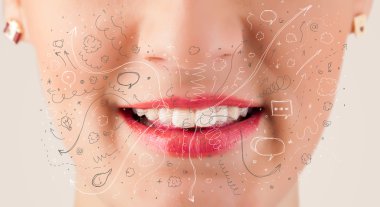 güzel kadın ağzı üfleme elle çizilmiş simgeler ve semboller