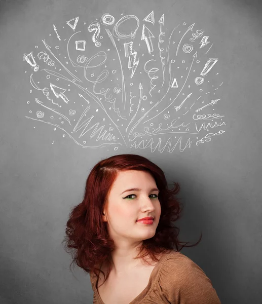 Young woman thinking with sketched arrows above her head — Stock Photo, Image