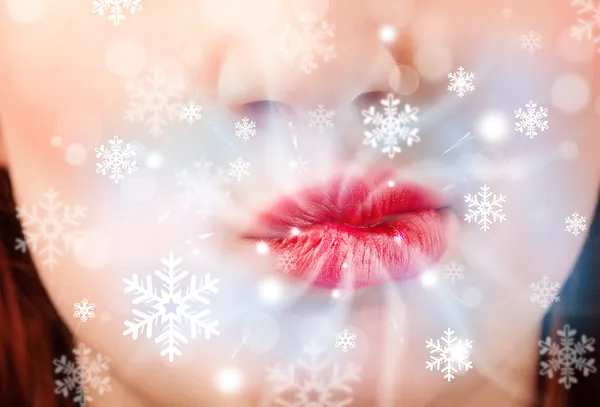 Pretty woman mouth blowing cold breeze — Stock Photo, Image