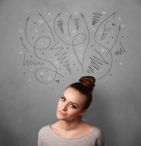 Young woman thinking with arrows over her head — Stock Photo, Image