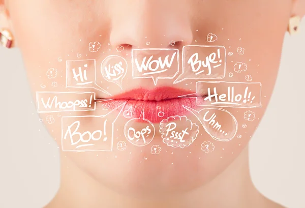 Beautiful red lips with white speech bubbles — Stock Photo, Image