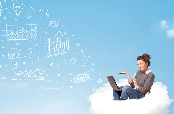 Young woman sitting in cloud with laptop — Stock Photo, Image