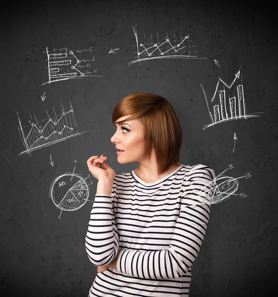 Young woman thinking with charts circulation around her head — Stock Photo, Image