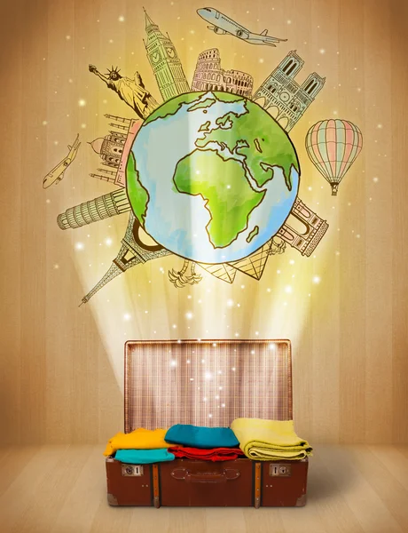 Luggage with travel around the world illustration concept — Stock Photo, Image