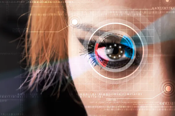 Cyber woman with technolgy eye looking — Stock Photo, Image