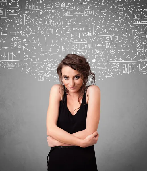 Young pretty lady with hand drawn calculations and icons — Stock Photo, Image