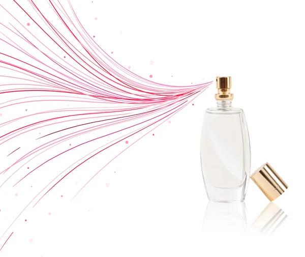 Butelka perfum opryskująca kolorowe linie — Zdjęcie stockowe