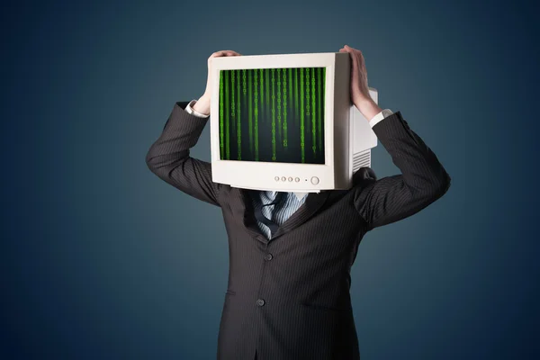 Cyber human with a monitor screen and computer code on the displ — Stock Photo, Image