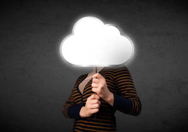 Young woman holding a cloud — Stock Photo, Image