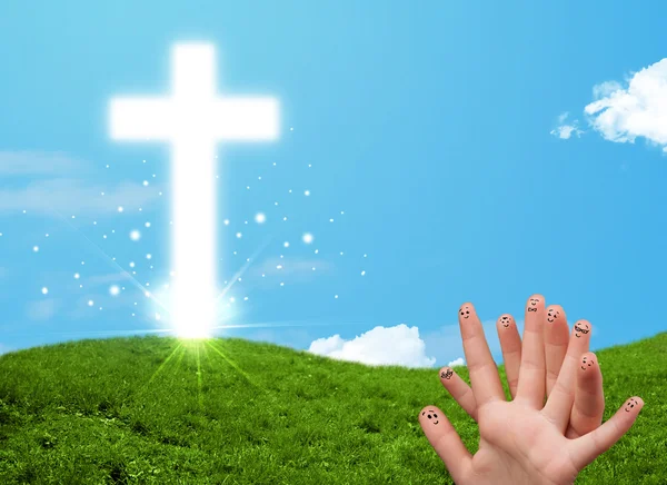 Happy finger smileys with christian religion cross — Stock Photo, Image