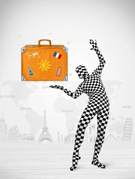 Man in full body suit presenting vacation suitcase — Stock Photo, Image