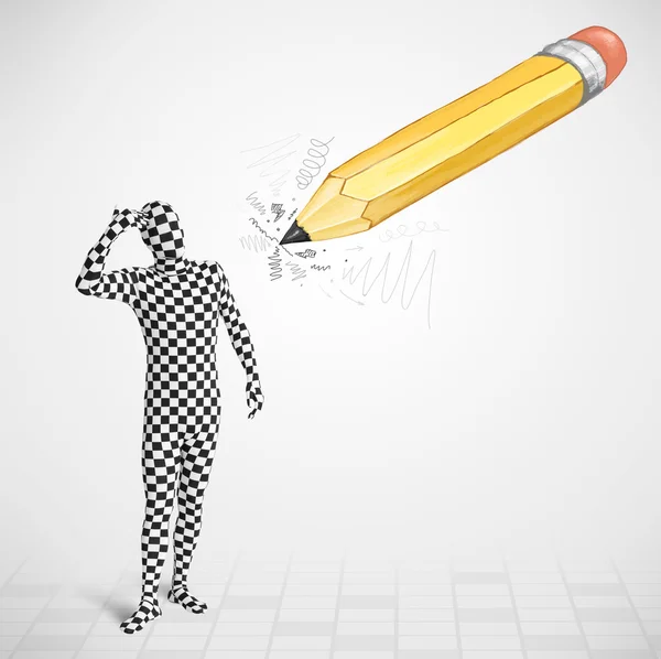 Guy in body mask with a big hand drawn pencil — Stock Photo, Image