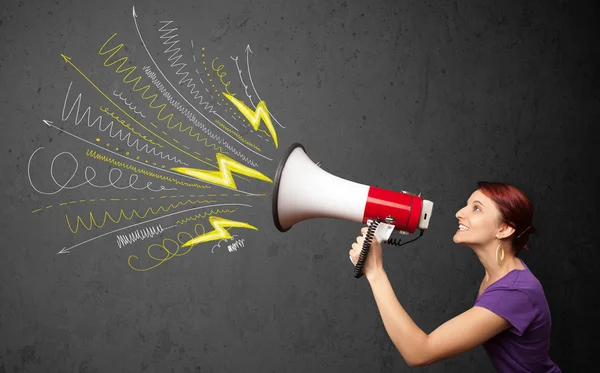 Cute girl shouting into megaphone with hand drawn lines and arro — Stock Photo, Image