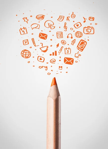 Pencil close-up with social media icons — Stock Photo, Image