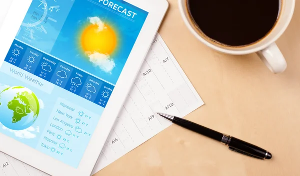 Tablet pc showing weather forecast on screen with a cup of coffe — Stock Photo, Image