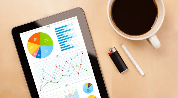 Tablet pc shows charts on screen with a cup of coffee on a desk — Stock Photo, Image