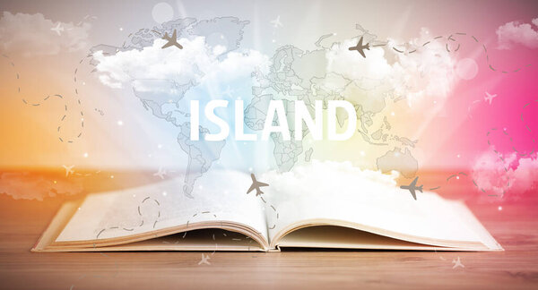 Open book with ISLAND inscription, vacation concept