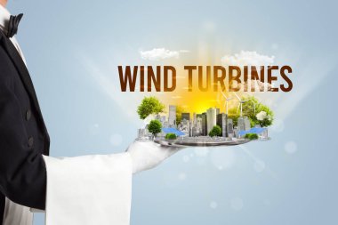 Waiter serving eco cityscape concept