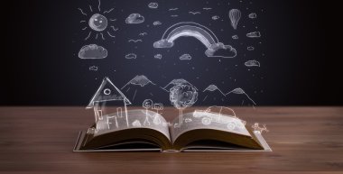 Elle çizilmiş peyzaj ile açık kitap 