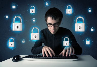 sanal kilit simgeleri ve simge ile genç hacker