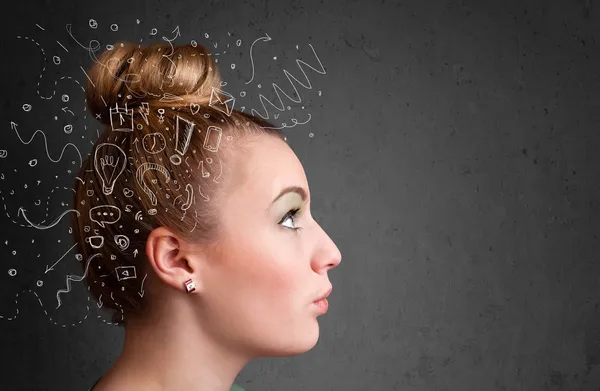 Tineri fata gândire cu icoane abstracte pe capul ei — Fotografie, imagine de stoc