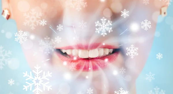 Pretty woman mouth blowing cold breeze — Stock Photo, Image