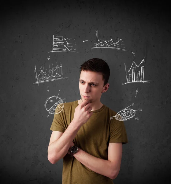 Young man thinking with charts circulation around his head — Stock Photo, Image
