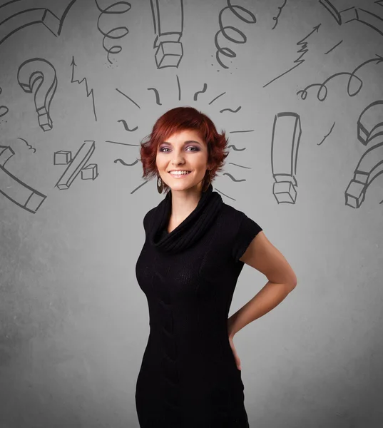 Cute young girl with question sign doodles — Stock Photo, Image