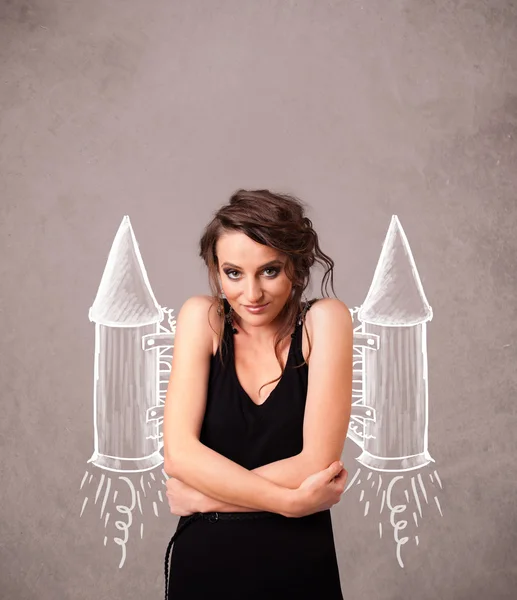 Cute girl with jet pack rocket drawing illustration — Stock Photo, Image