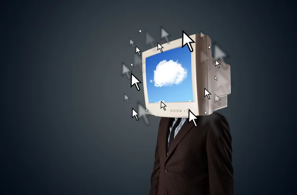 Uomo d'affari con un monitor in testa, sistema cloud e punta — Foto Stock