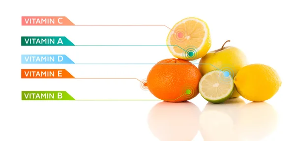 Healthy fruits with colorful vitamin symbols and icons — Stock Photo, Image