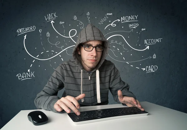 Young hacker with white drawn line thoughts — Stock Photo, Image