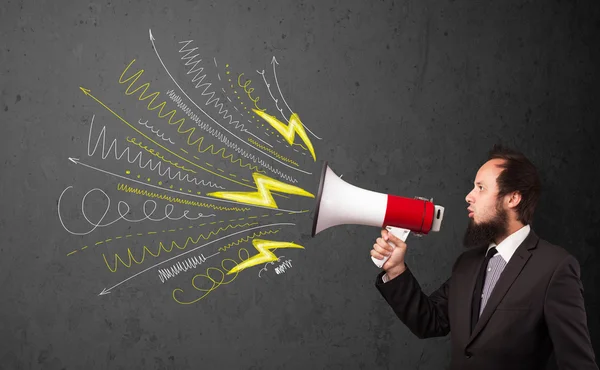 Leader guy shouting into megaphone with hand drawn lines and arr — Stock Photo, Image