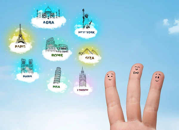 Cheerful finger smileys with sightseeing landmarks icons — Stock Photo, Image