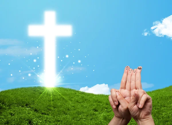 Happy finger smileys with christian religion cross — Stock Photo, Image