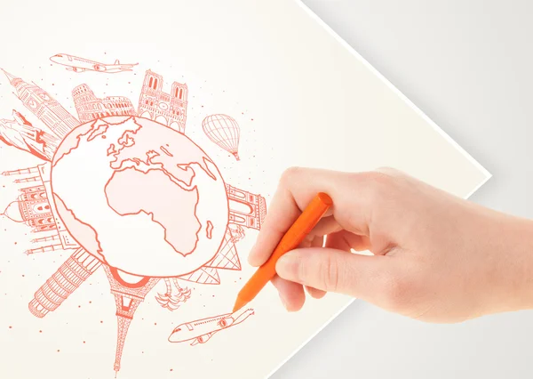 Hand drawing vacation trip around the earth with landmarks and c — Stock Photo, Image