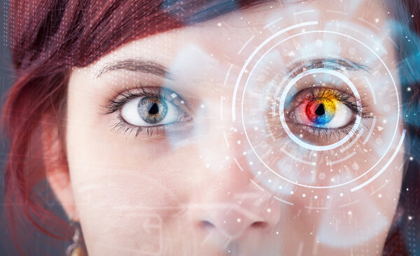 Future woman with cyber technology eye panel concept