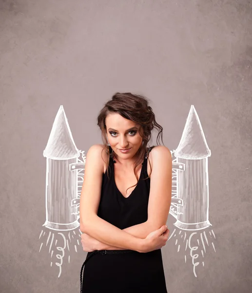 Cute girl with jet pack rocket drawing illustration Stock Picture